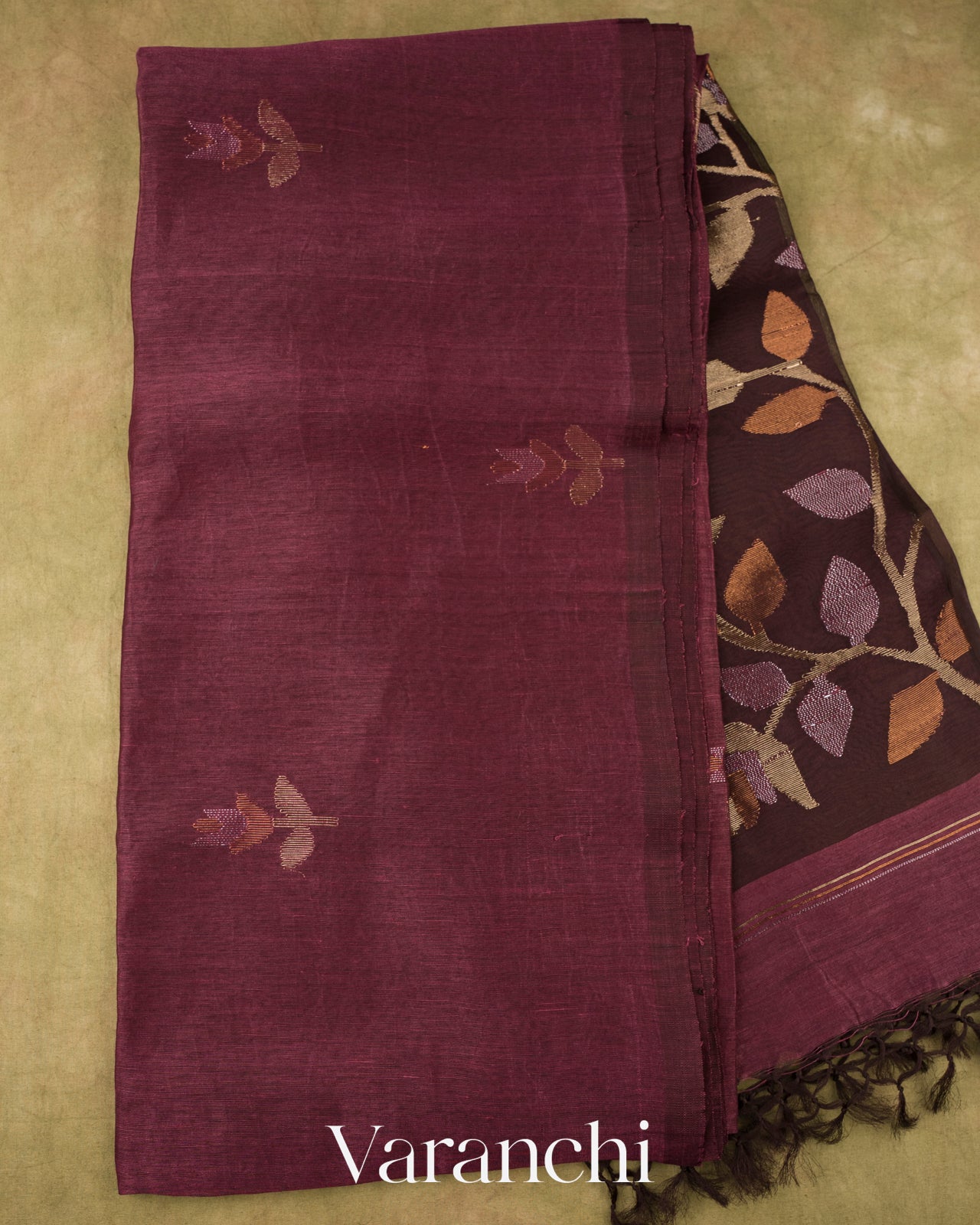 Wine Maroon Jamdani Pure Silk Linen Handloom Saree 