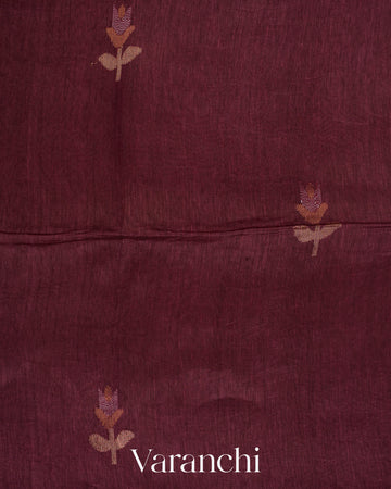 Wine Maroon Jamdani Pure Silk Linen Handloom Saree 
