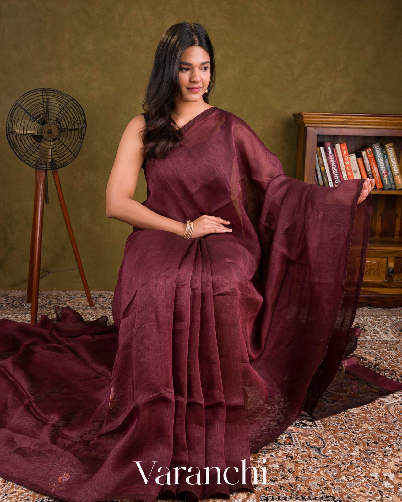 Wine Maroon Jamdani Pure Silk Linen Handloom Saree 