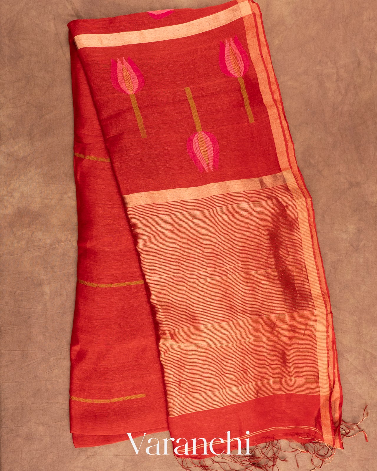 Rust Red Jamdani Pure Silk Linen Handloom Saree