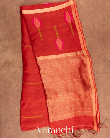 Rust Red Jamdani Pure Silk Linen Handloom Saree
