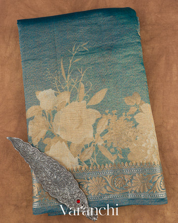 Peacock Blue Floral Printed Pure Silk Cotton Tissue Saree