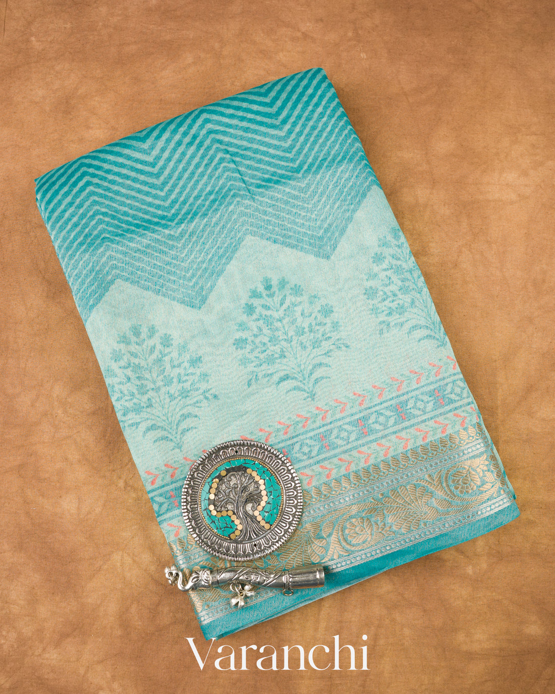 Soft Aqua Green Digital Printed Pure Cotton Tissue Silk Saree