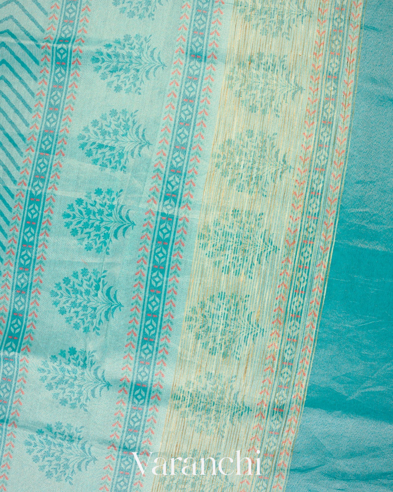 Soft Aqua Green Digital Printed Pure Cotton Tissue Silk Saree