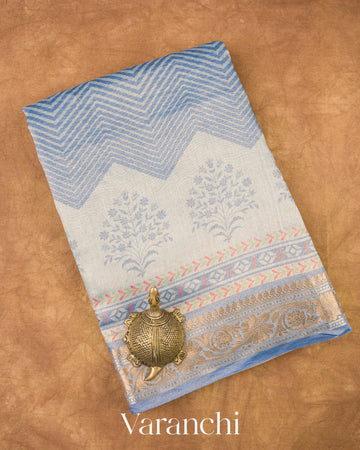 Powder Blue Digital Printed Pure Cotton Tissue Silk Saree
