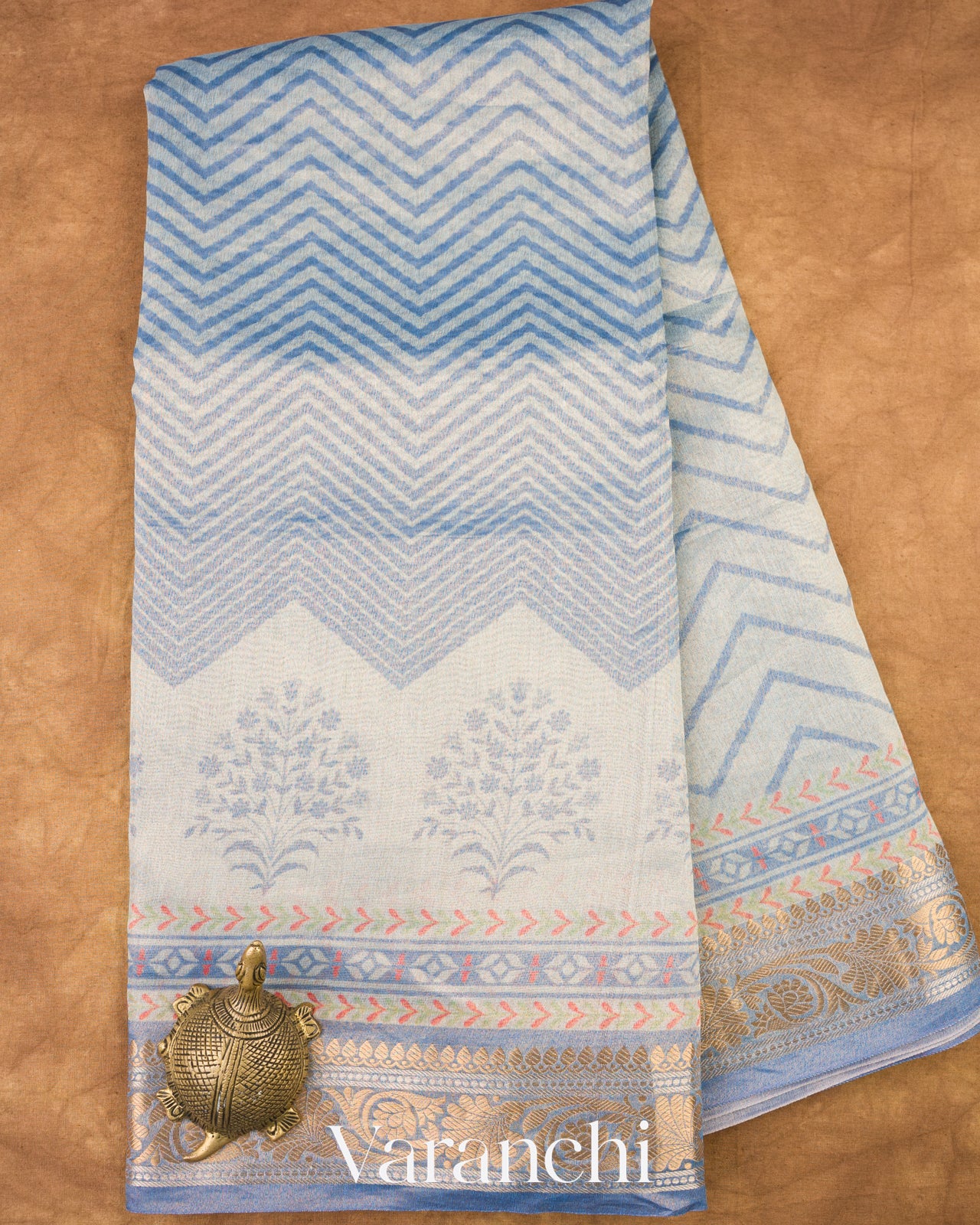 Powder Blue Digital Printed Pure Cotton Tissue Silk Saree