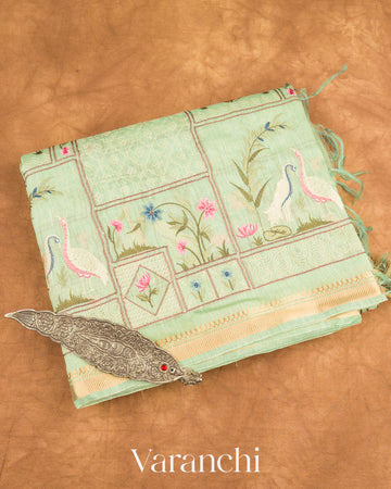 Pastel Mint All-Over Embroidered Pure Silk Linen Saree