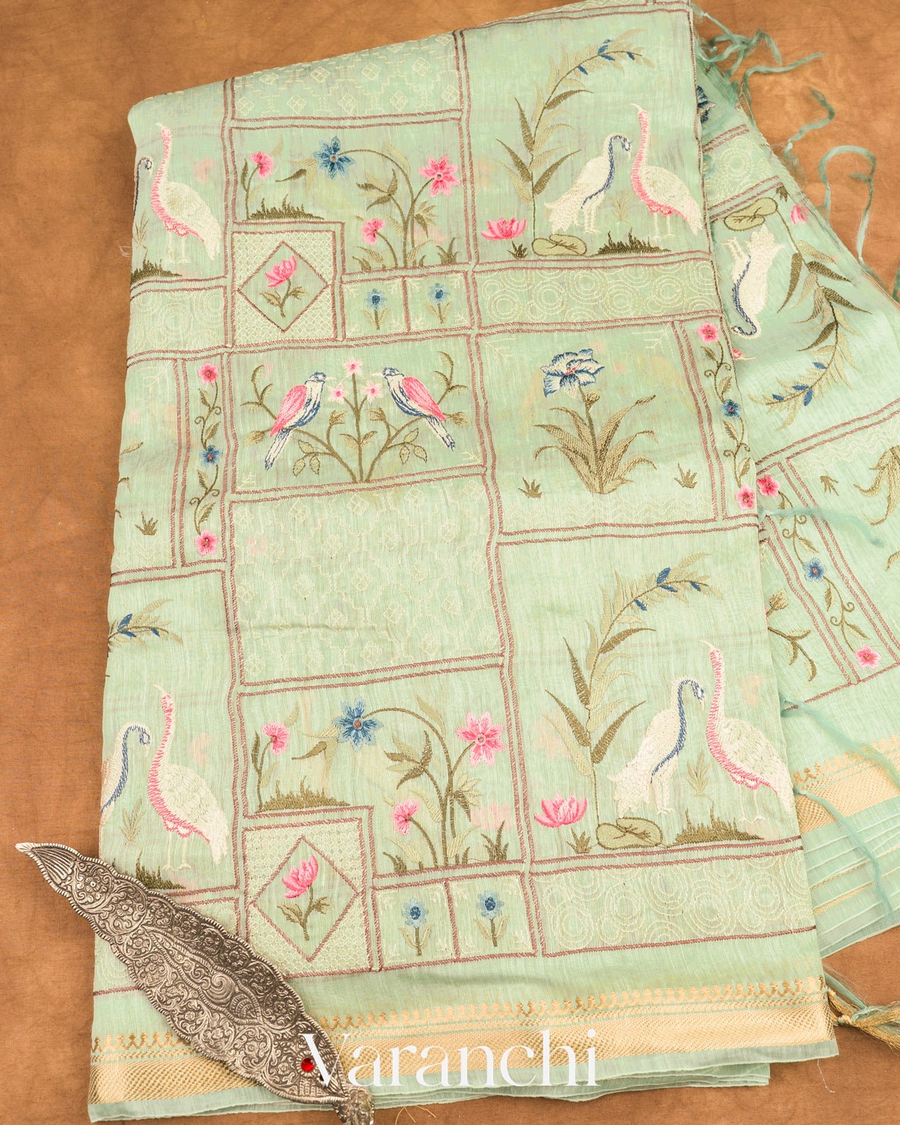 Pastel Mint All-Over Embroidered Pure Silk Linen Saree