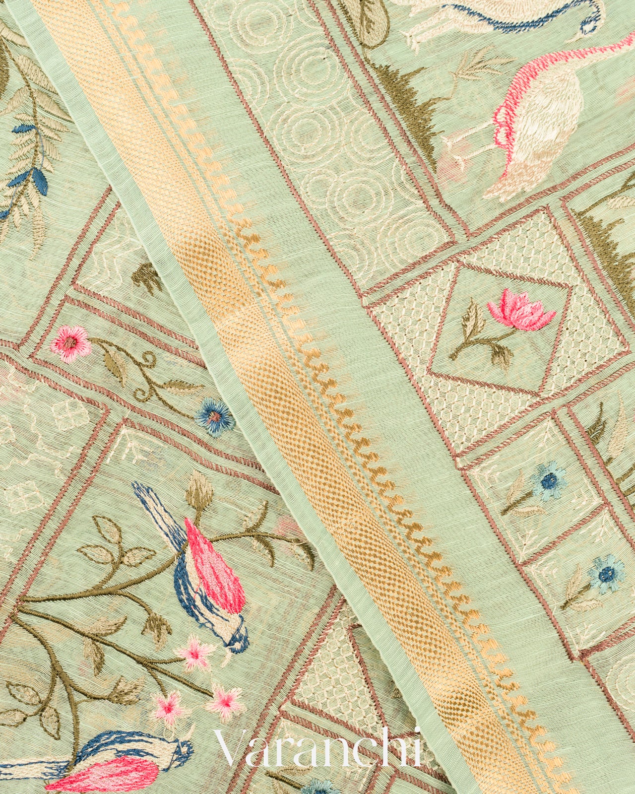 Pastel Mint All-Over Embroidered Pure Silk Linen Saree