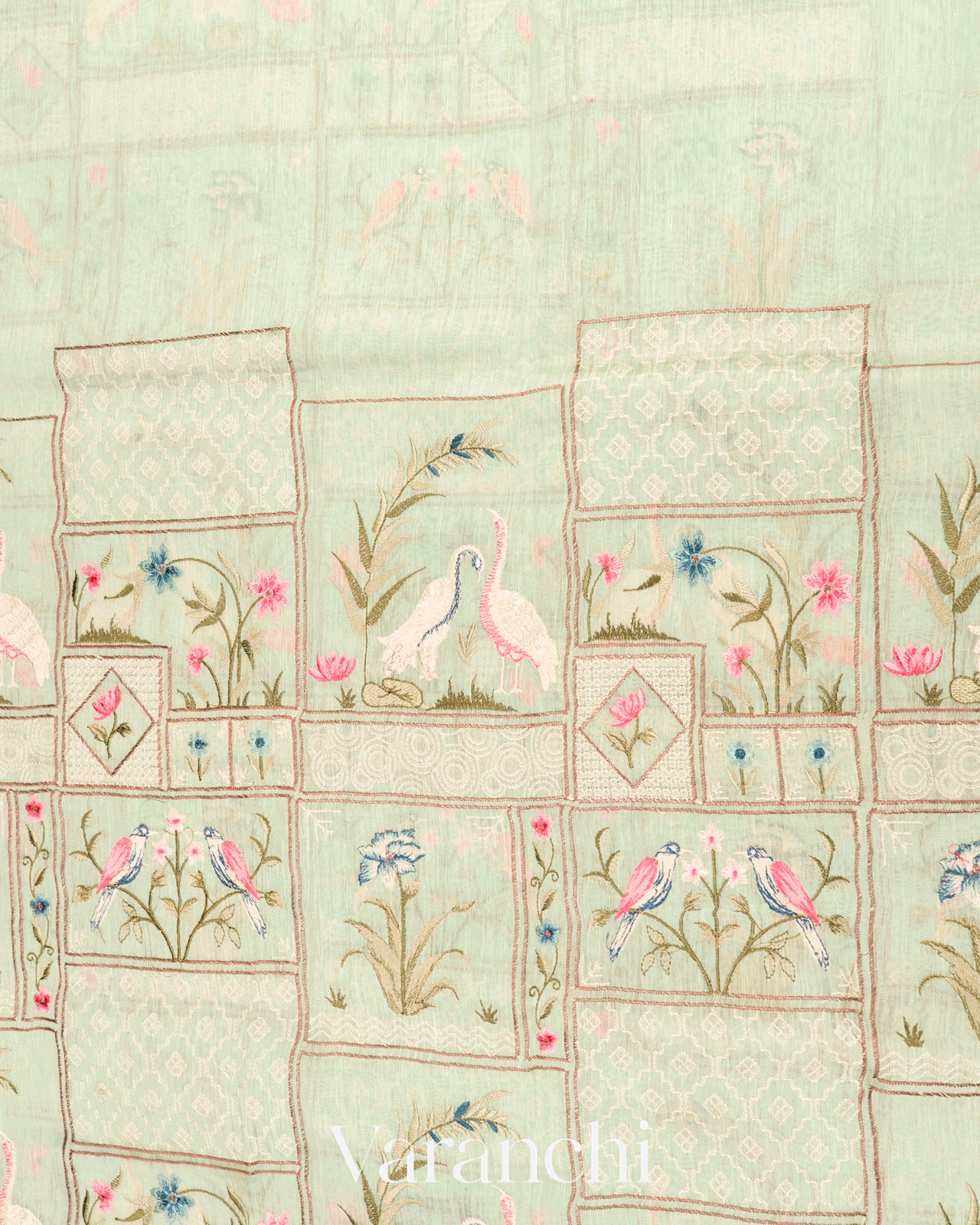 Pastel Mint All-Over Embroidered Pure Silk Linen Saree