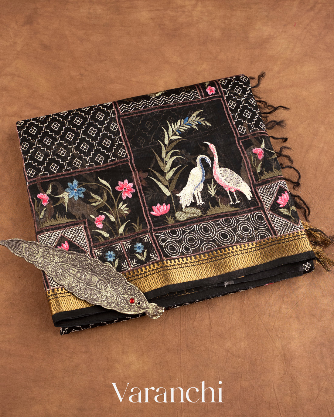 Black All-Over Embroidered Pure Silk Linen Saree