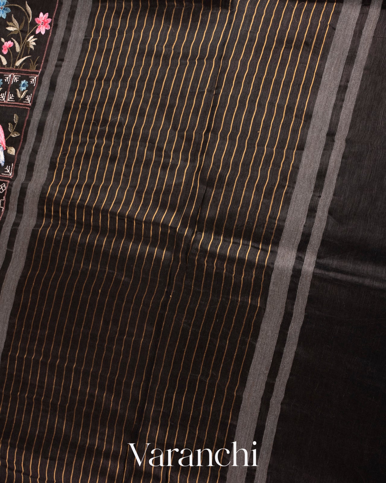 Black All-Over Embroidered Pure Silk Linen Saree