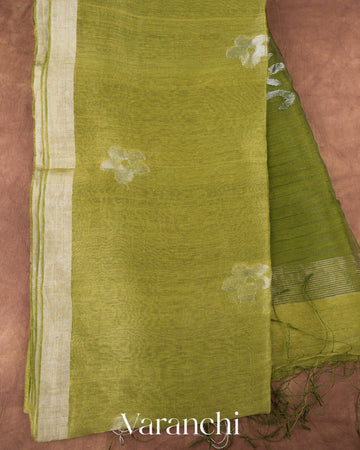 Elachi Green Jamdani Pure Silk Linen Handloom Saree
