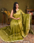 Elachi Green Jamdani Pure Silk Linen Handloom Saree