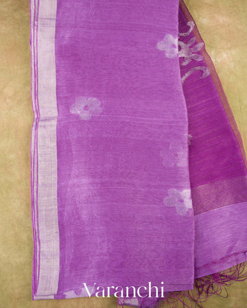 Lavender Mauve Jamdani Pure Silk Linen Handloom Saree
