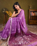 Lavender Mauve Jamdani Pure Silk Linen Handloom Saree