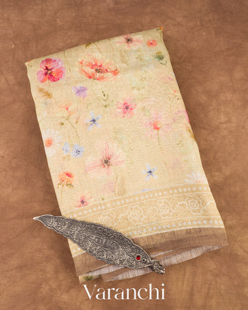 Light Beige Floral Printed Pure Silk Linen Saree