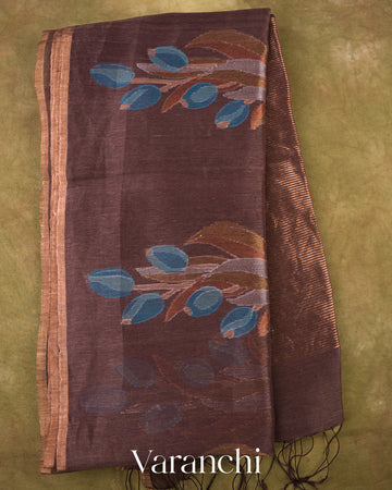 Coffee Brown Jamdani Pure Silk Linen Handloom Saree
