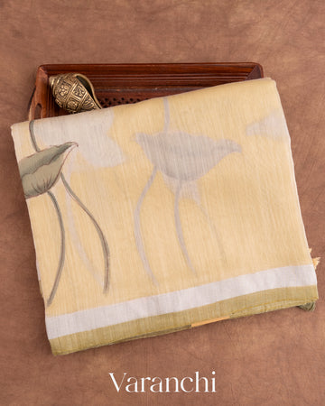 Ivory and Olive Green Hand Painted Design Pure Silk Linen Saree