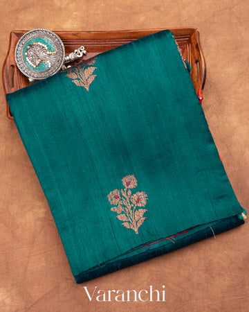 Peacock Blue Borderless Pure Raw Silk Handloom Saree