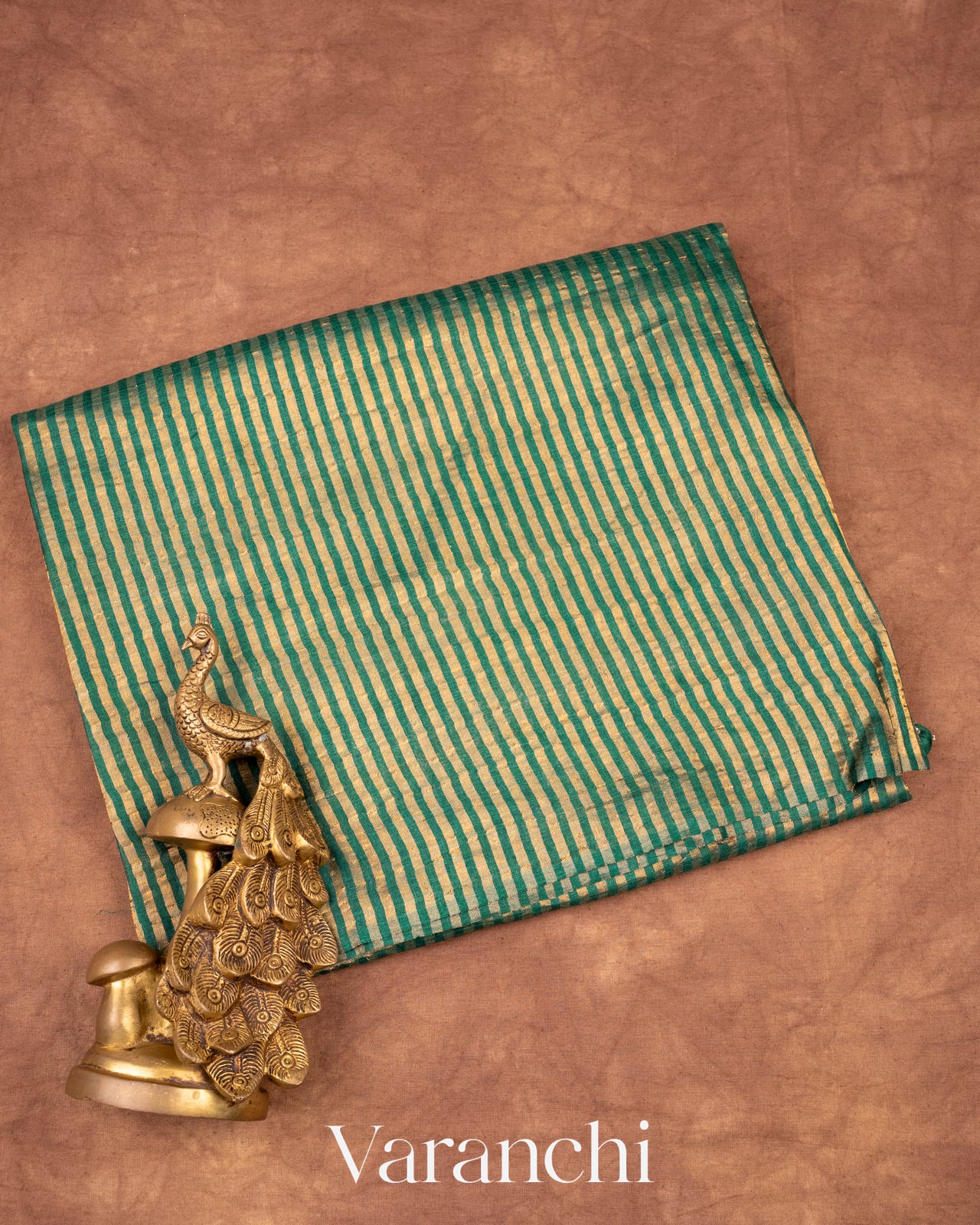 Bottle Green Pure Tussar Silk with Tissue Stripes Handloom Saree