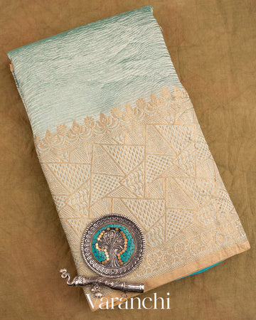 Turquoise Blue Pure Crush Tissue Georgette Silk Saree