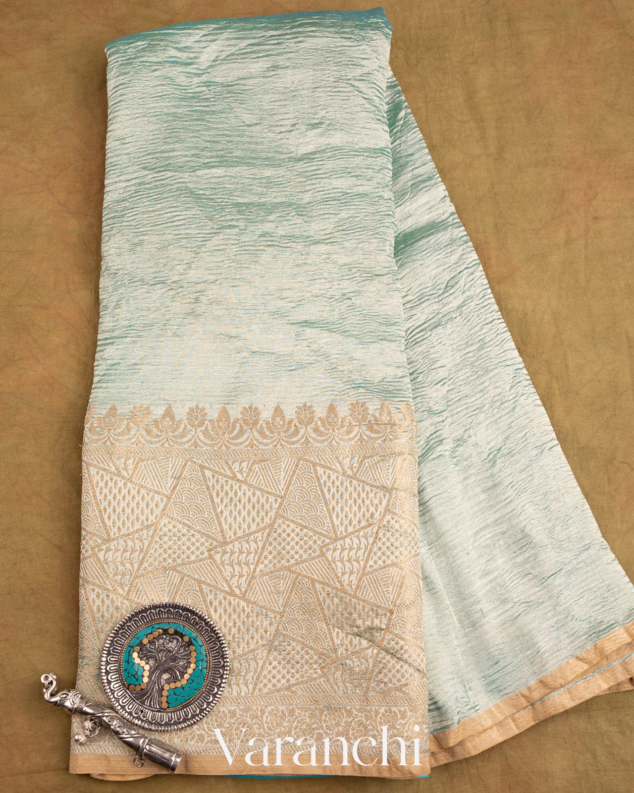 Turquoise Blue Pure Crush Tissue Georgette Silk Saree