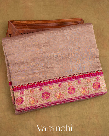 Clay with Paithani Embroidery Pure Crush Tissue Kora Silk Saree