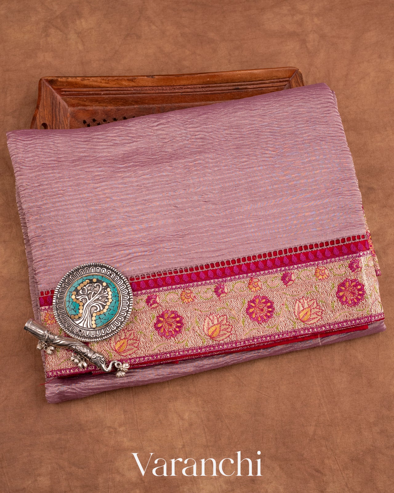 Mauve Pink with Paithani Embroidery Pure Crush Tissue Kora Silk Saree