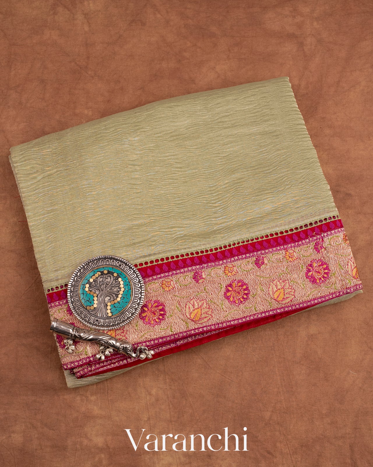 Light Pista Green with Paithani Embroidery Pure Crush Tissue Kora Silk Saree