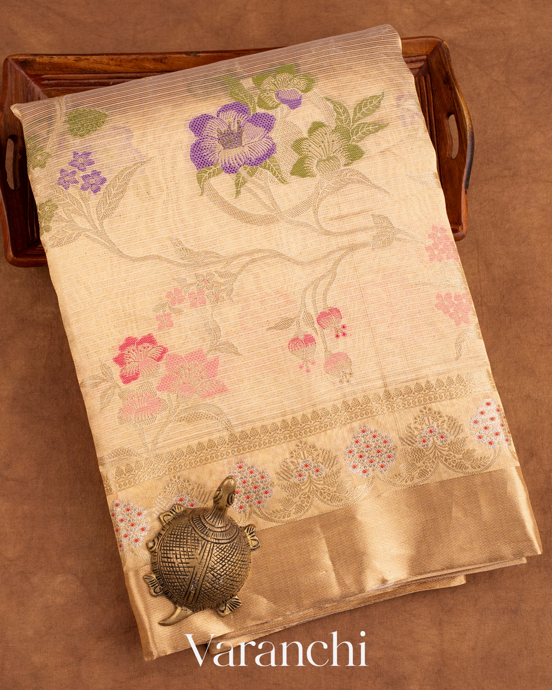 Golden with Floral Jaal Pattern Pure Tissue Kora Silk Handloom Saree