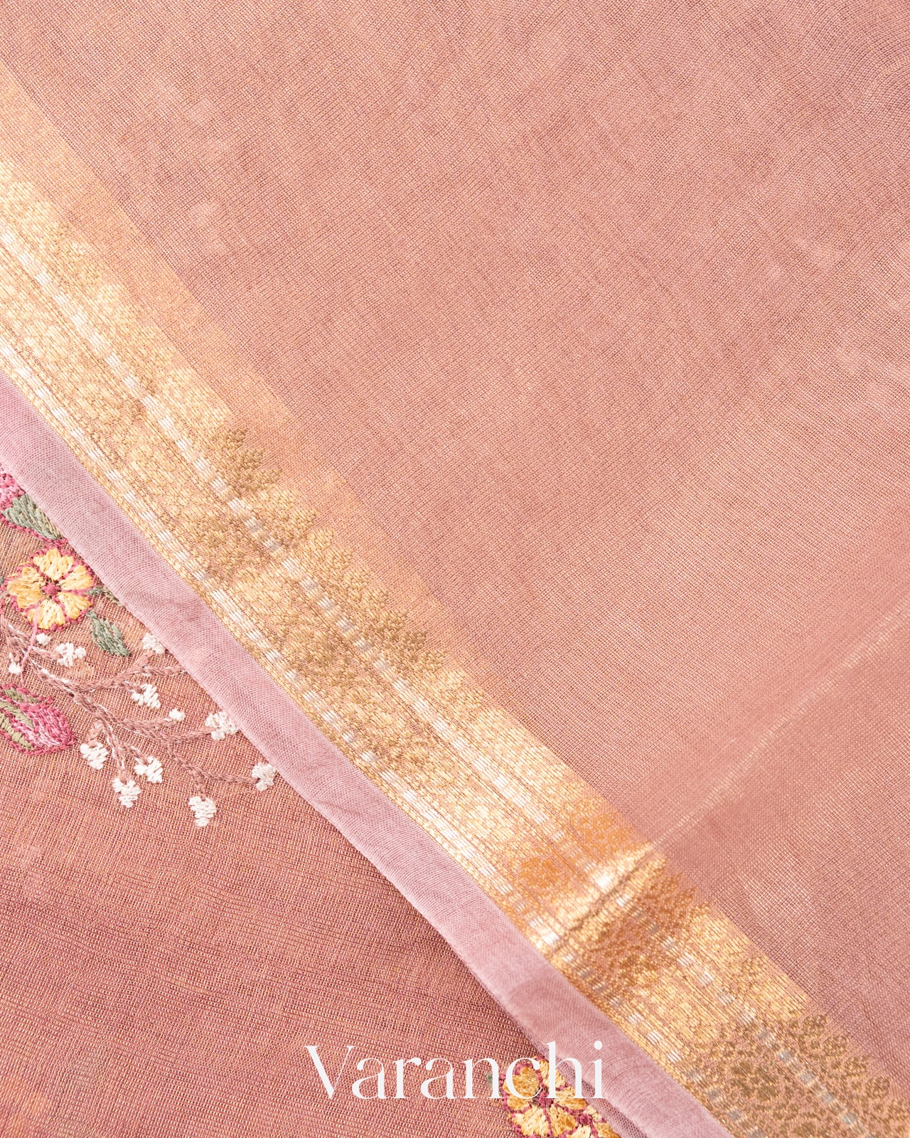 Dusty Pink Floral Embroidered Ombre-Dyed Pure Tissue Kora Silk Saree