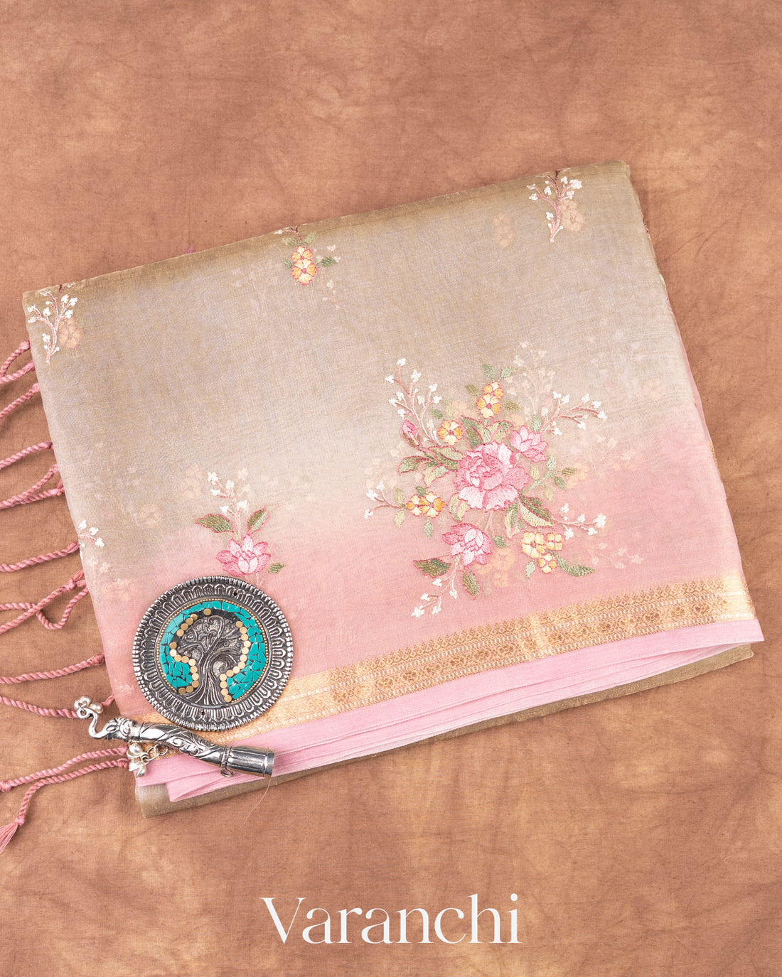 Clay Floral Embroidered Ombre-Dyed Pure Tissue Kora Silk Saree