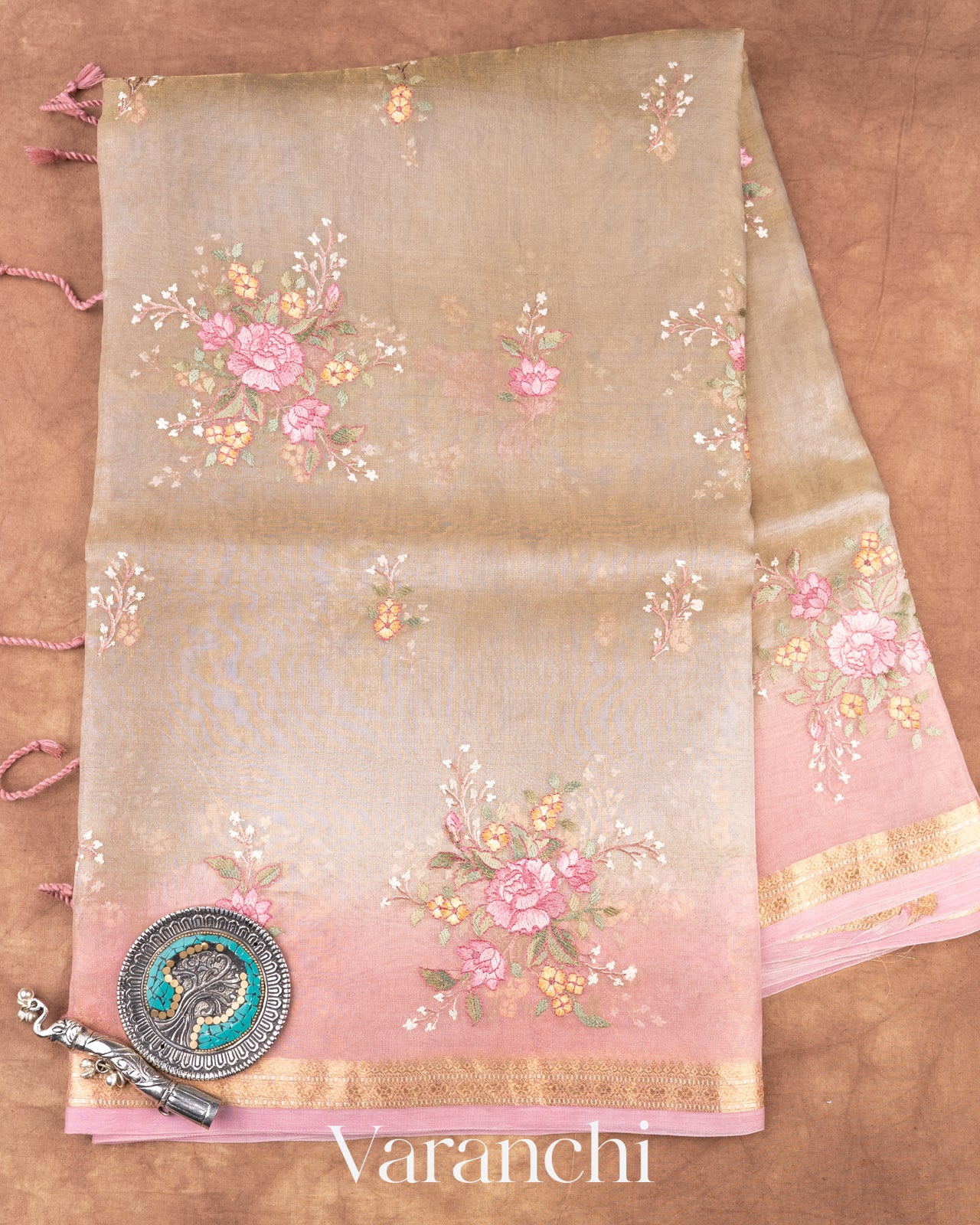 Clay Floral Embroidered Ombre-Dyed Pure Tissue Kora Silk Saree