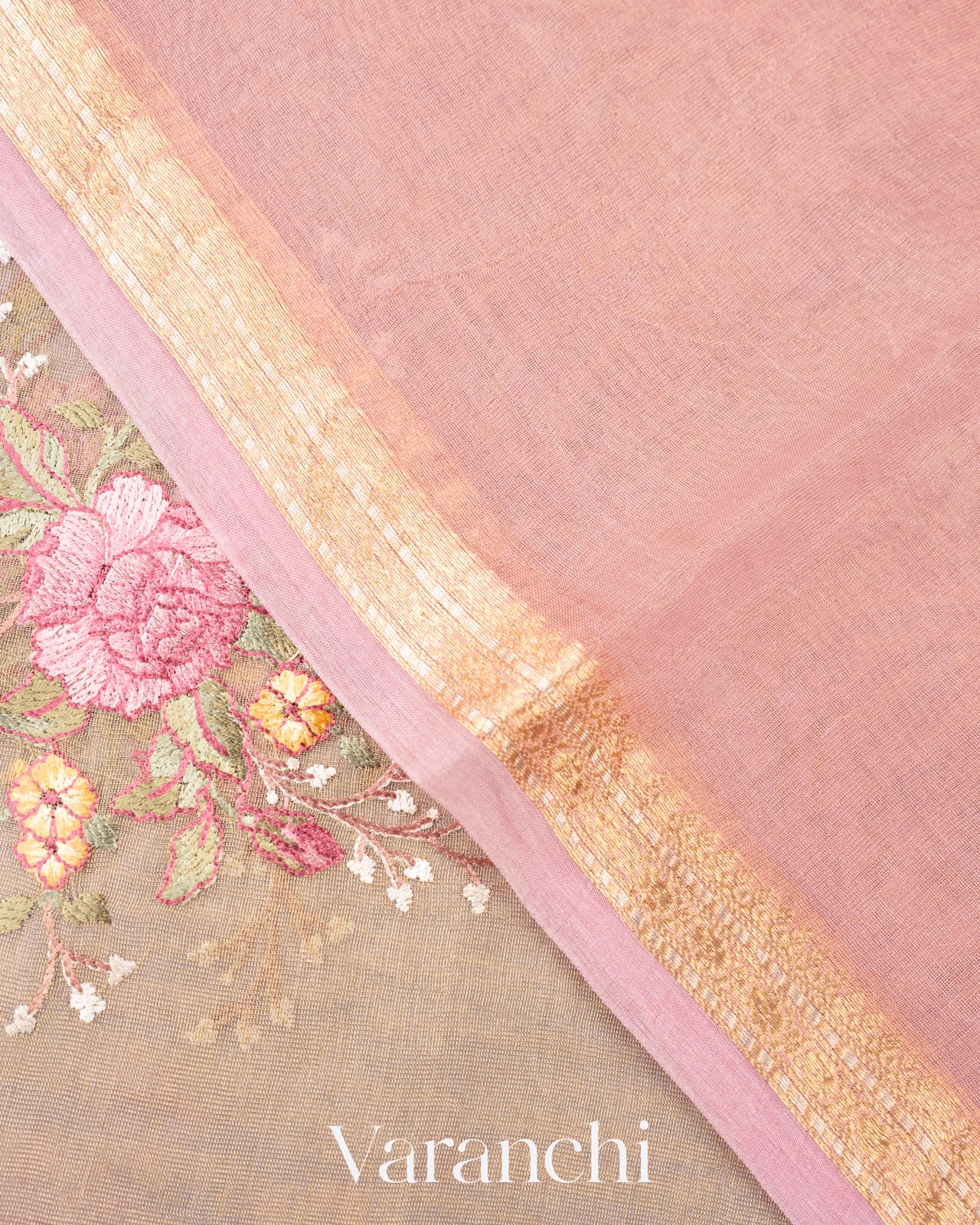 Clay Floral Embroidered Ombre-Dyed Pure Tissue Kora Silk Saree