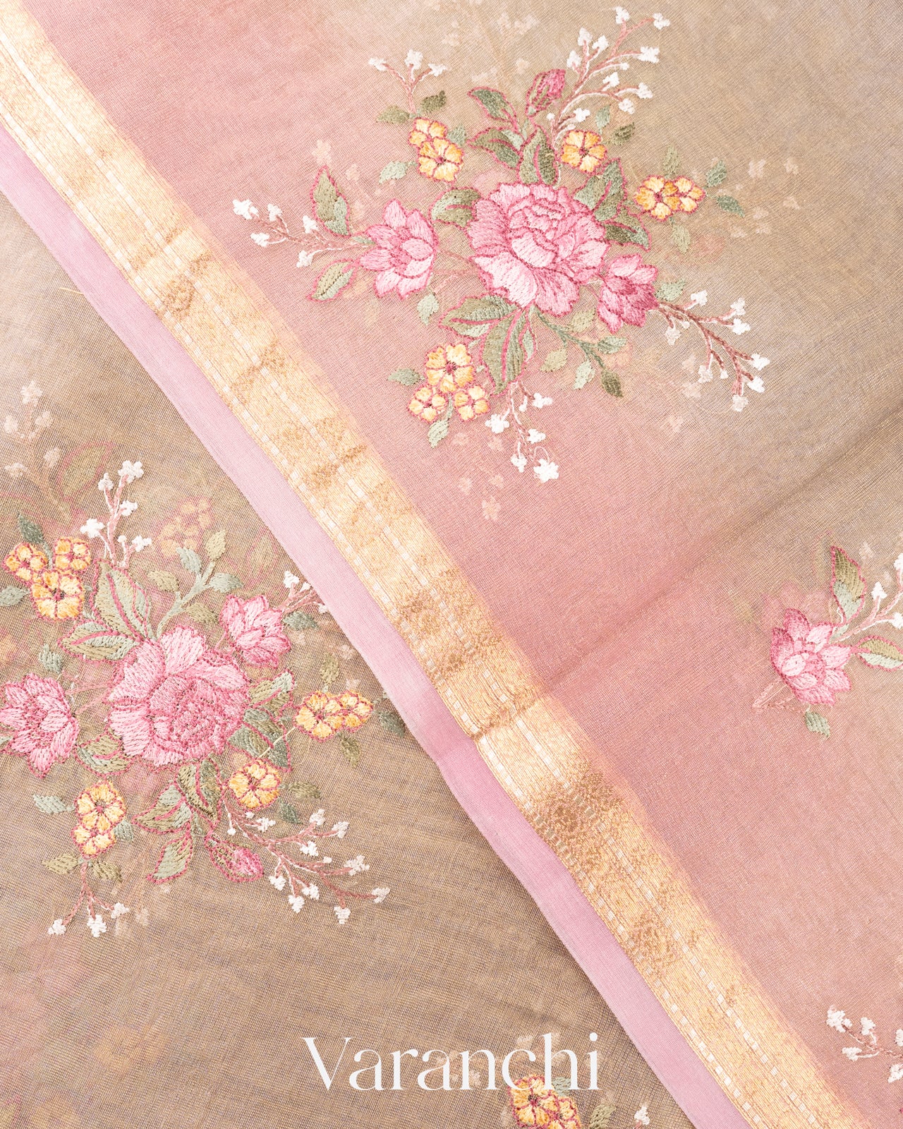 Clay Floral Embroidered Ombre-Dyed Pure Tissue Kora Silk Saree