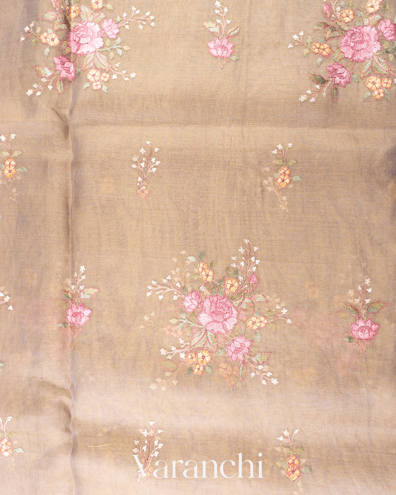 Clay Floral Embroidered Ombre-Dyed Pure Tissue Kora Silk Saree