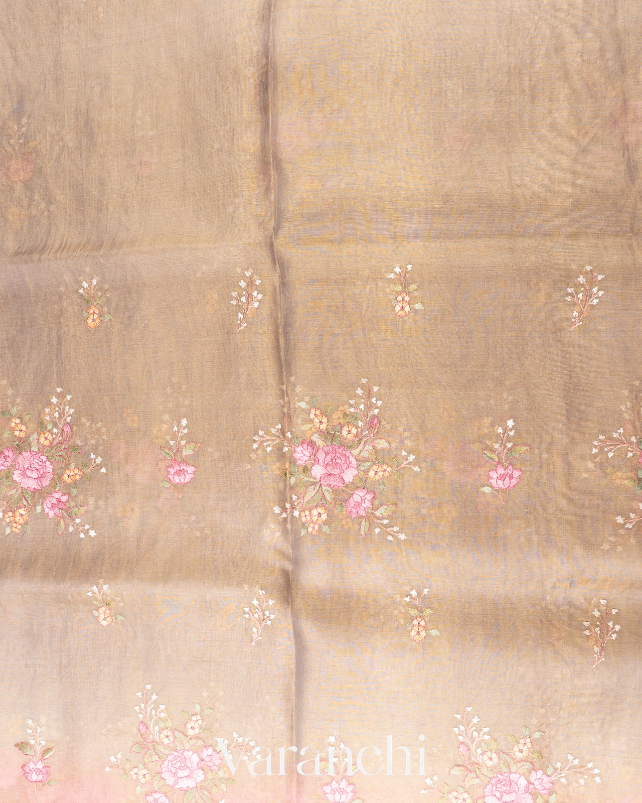 Clay Floral Embroidered Ombre-Dyed Pure Tissue Kora Silk Saree