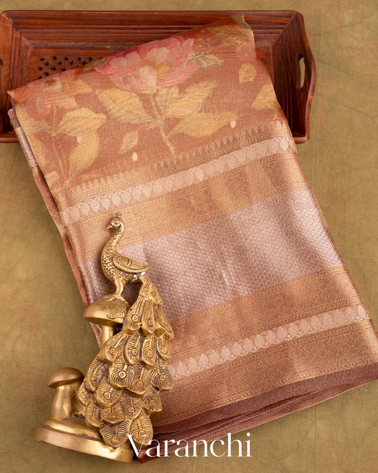 Coppery Bronze Floral Printed Pure Kora Silk Saree