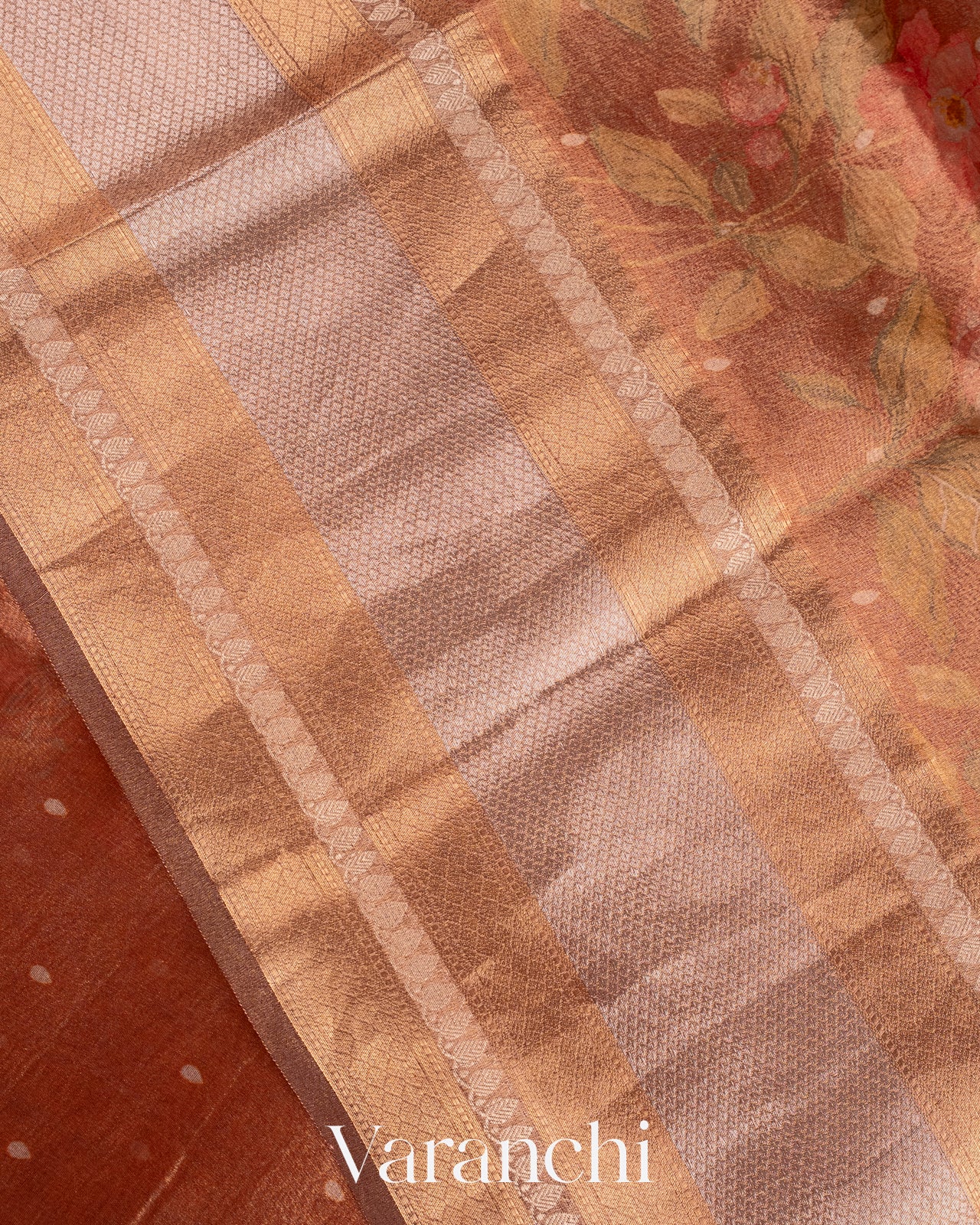 Coppery Bronze Floral Printed Pure Kora Silk Saree