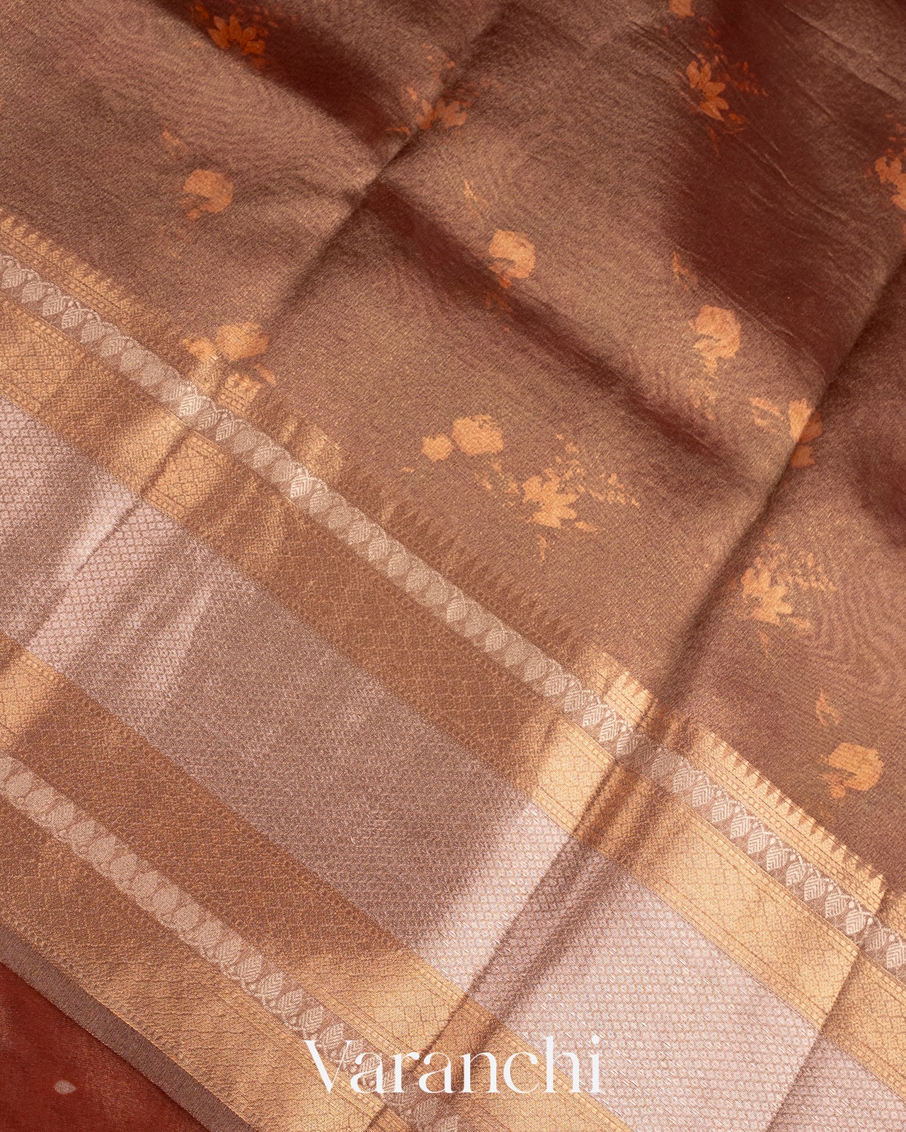 Coppery Bronze Floral Printed Pure Kora Silk Saree