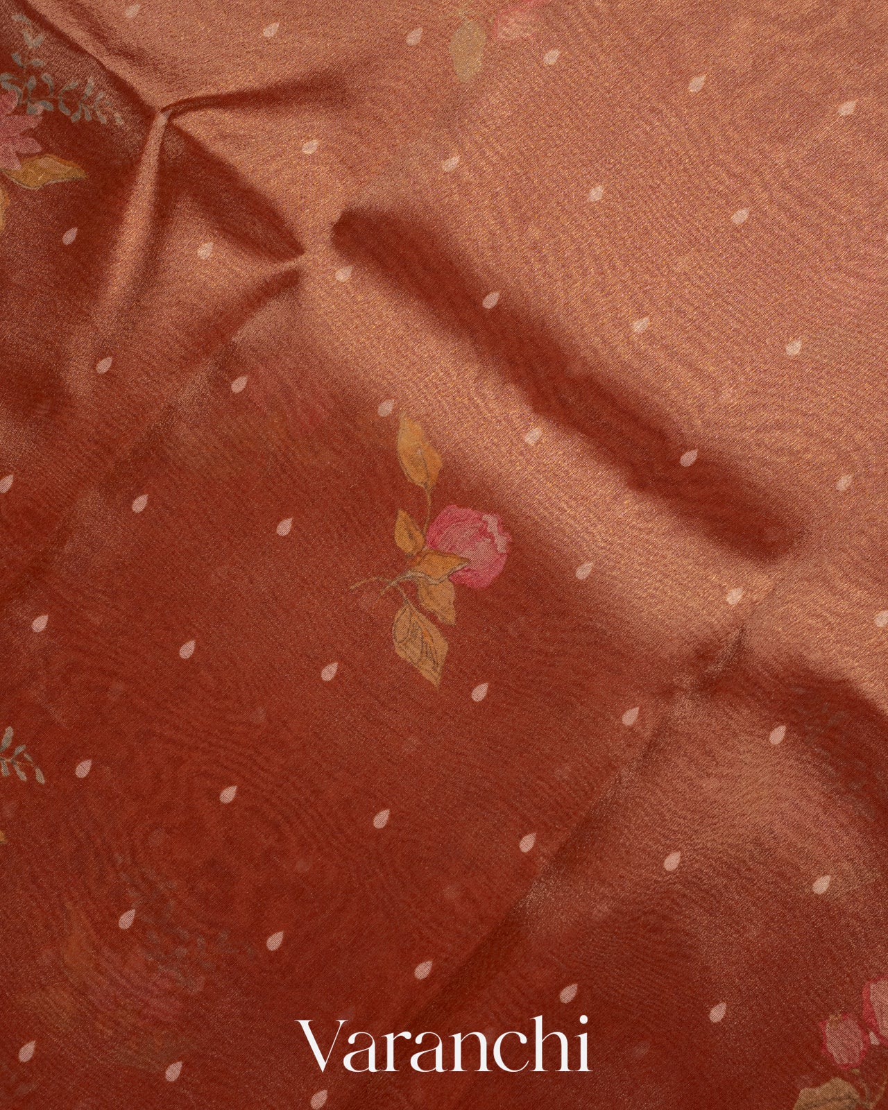 Coppery Bronze Floral Printed Pure Kora Silk Saree