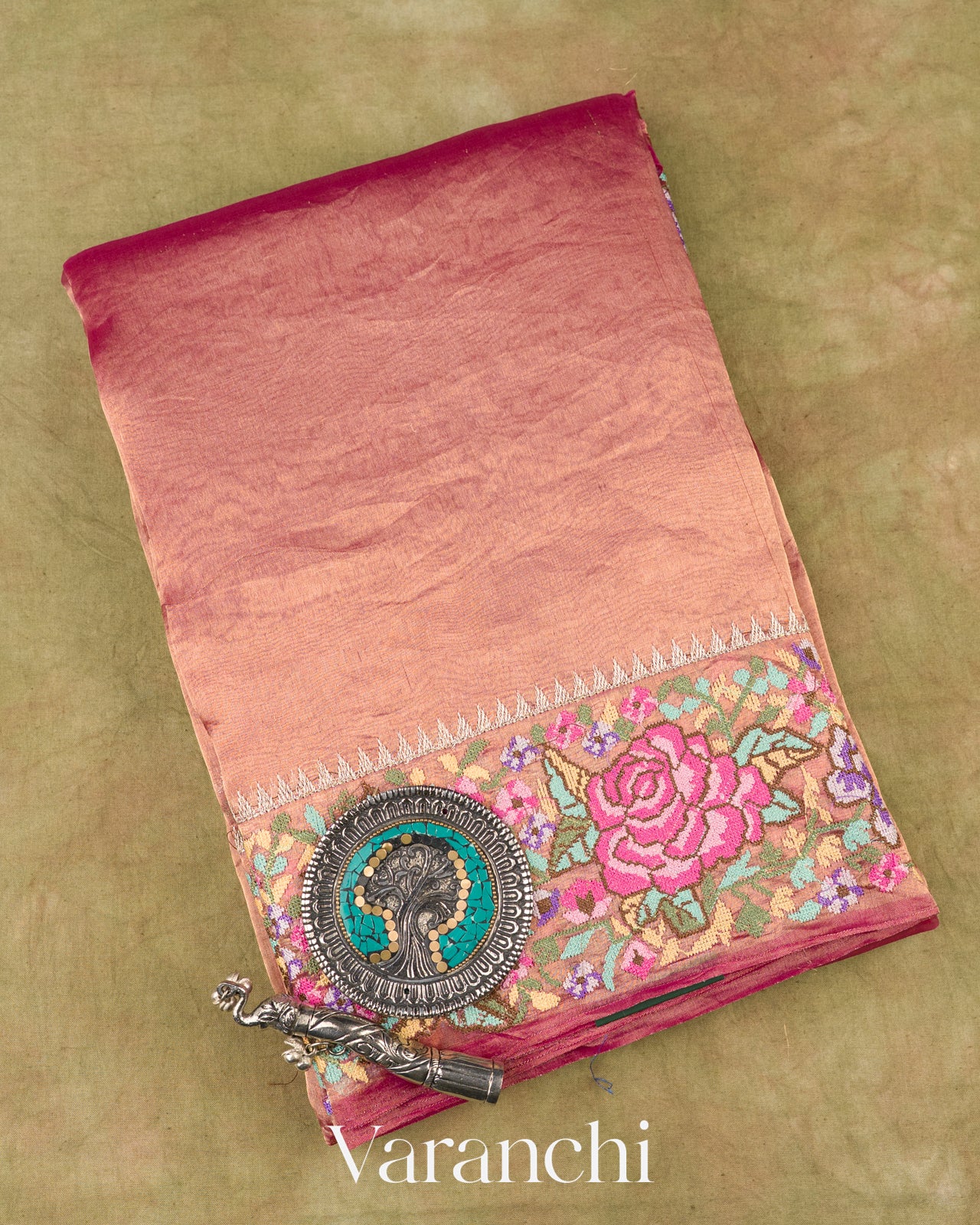 Dark Pink with Petit-Point Embroidered Border Pure Glass Tissue Kora Silk Saree