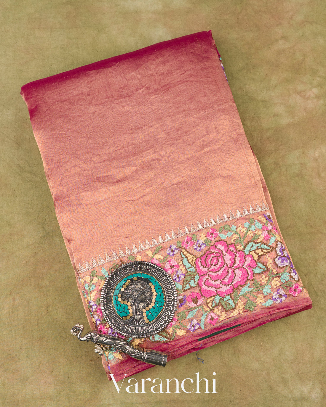 Dark Pink with Petit-Point Embroidered Border Pure Glass Tissue Kora Silk Saree