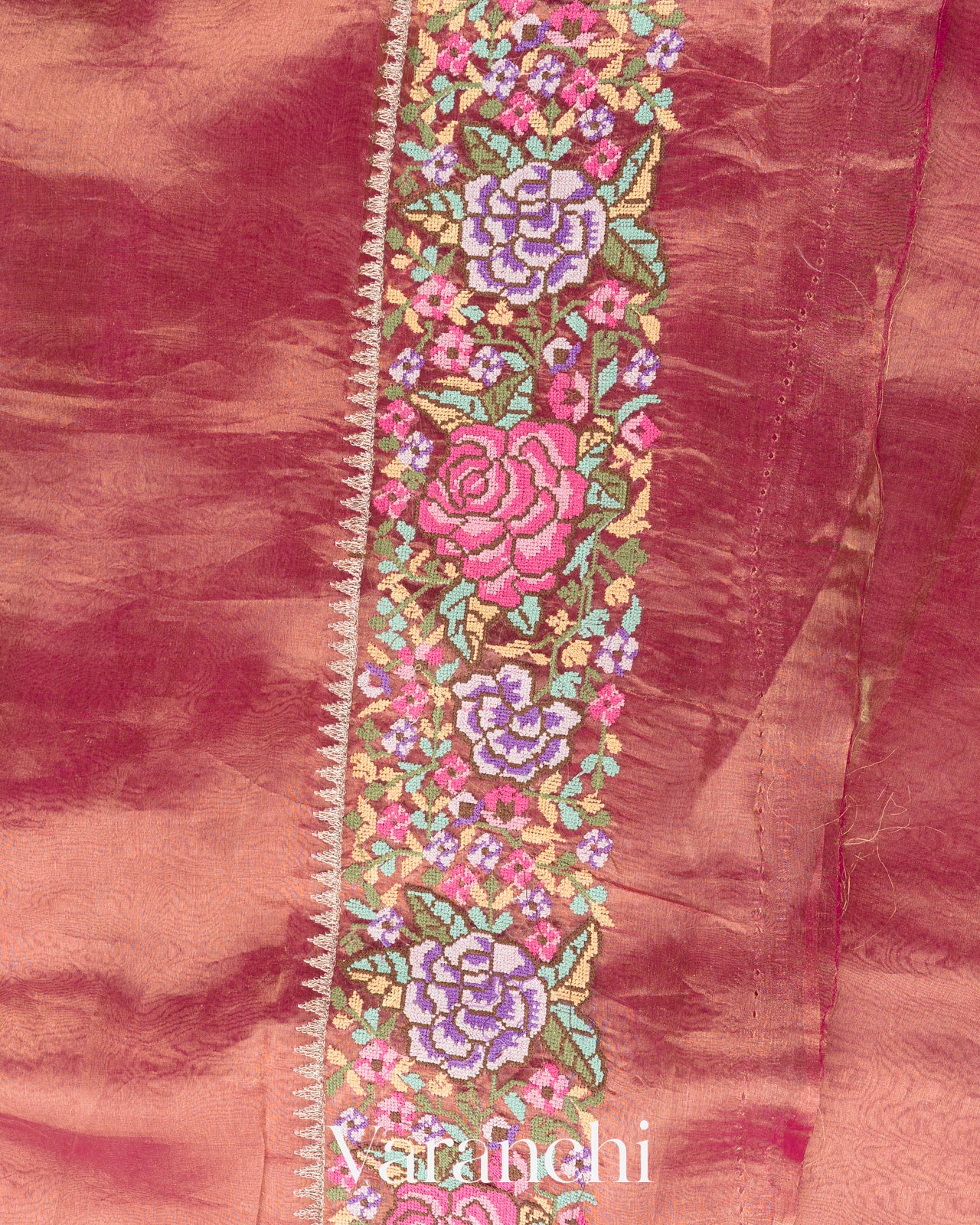 Dark Pink with Petit-Point Embroidered Border Pure Glass Tissue Kora Silk Saree
