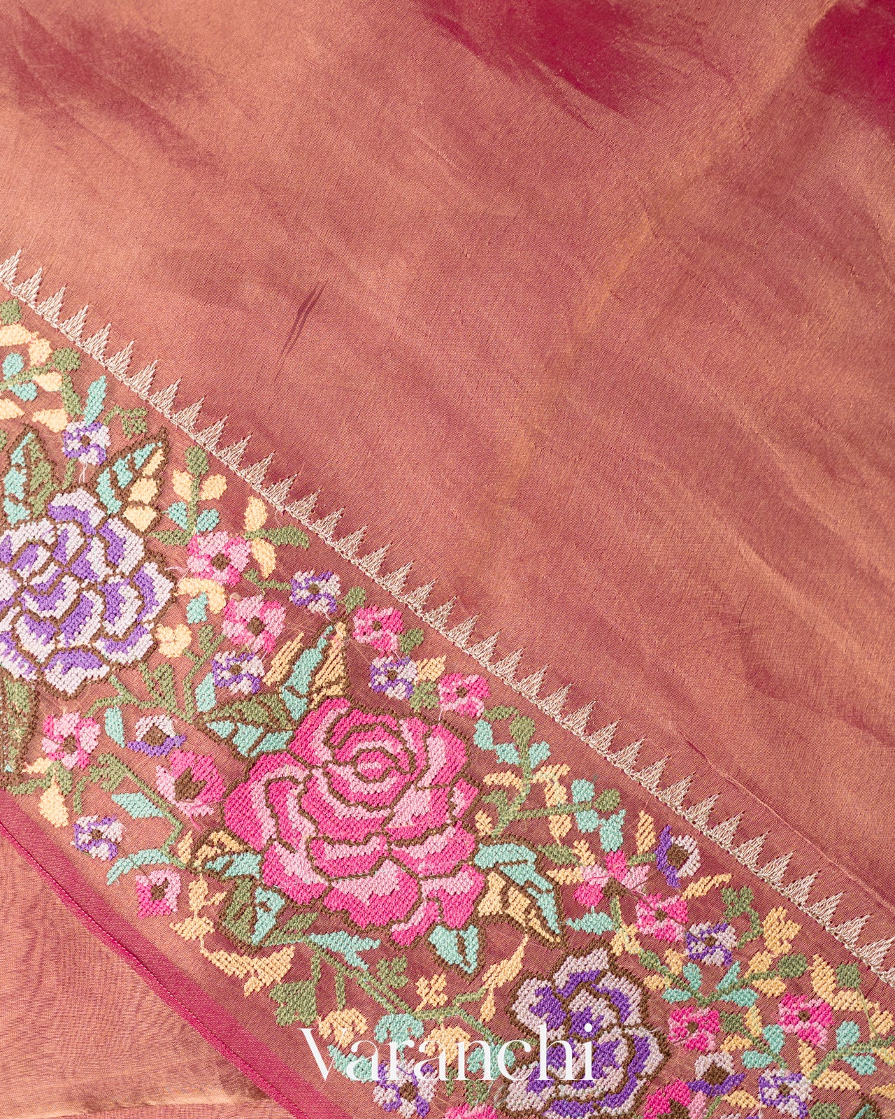 Dark Pink with Petit-Point Embroidered Border Pure Glass Tissue Kora Silk Saree