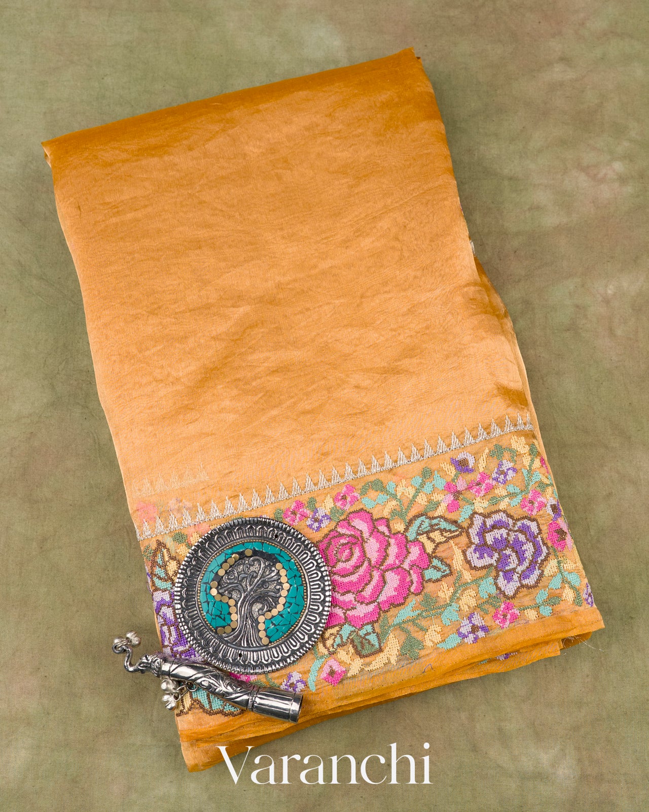 Golden Yellow Pure Glass Tissue Kora Silk Saree