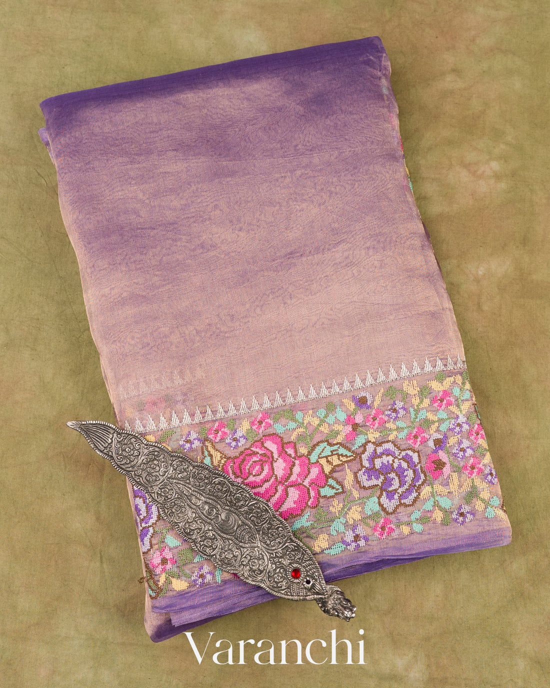 Lavender with Petit-Point Embroidered Border Pure Glass Tissue Kora Silk Saree