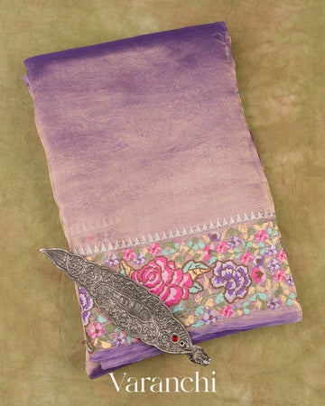 Lavender with Petit-Point Embroidered Border Pure Glass Tissue Kora Silk Saree