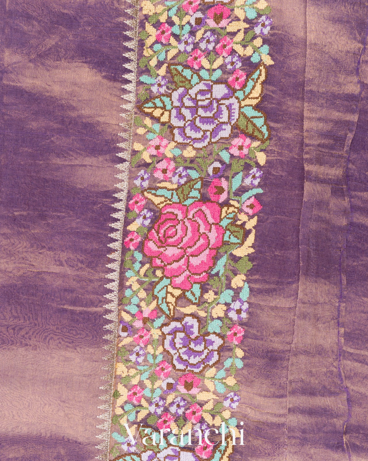 Lavender with Petit-Point Embroidered Border Pure Glass Tissue Kora Silk Saree